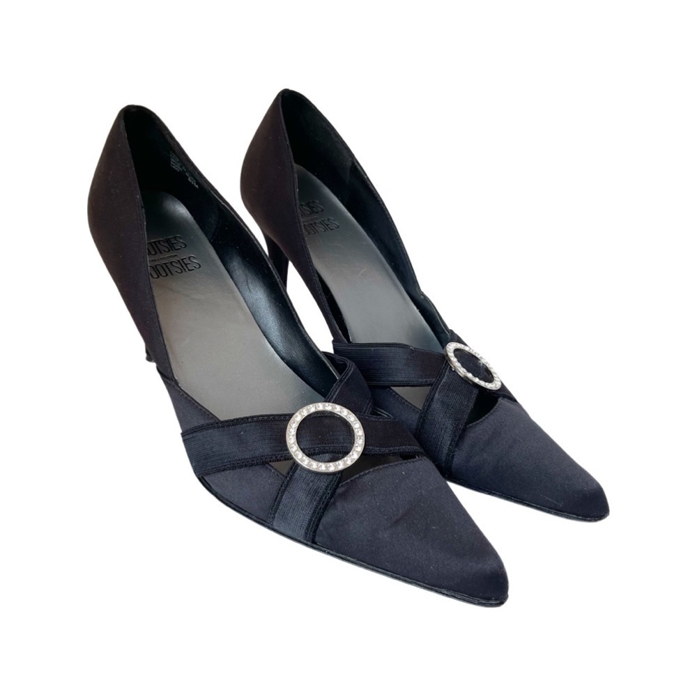 Mootsies Tootsies collection black satin and circle rhinestone LIDO heels 8.5 M